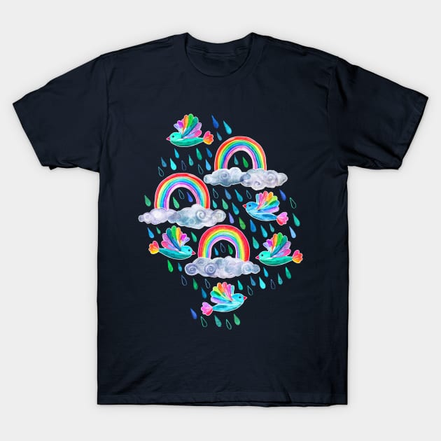 Spring Showers and Rainbow Birds on Navy Blue T-Shirt by micklyn